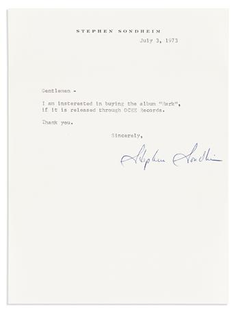 SONDHEIM, STEPHEN. Small archive of 7 Typed Letters Signed, "Steve" or "Stephen Sondheim" or "S," to press agent Daniel Langen or OCEE